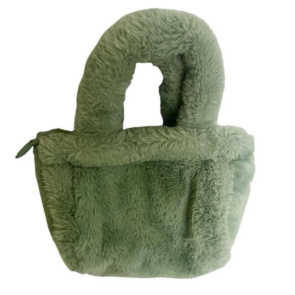 Juicy Couture Mini Tote Bag Sage Green Faux Fur Rhinestone Logo Top Handle - Picture 4 of 8